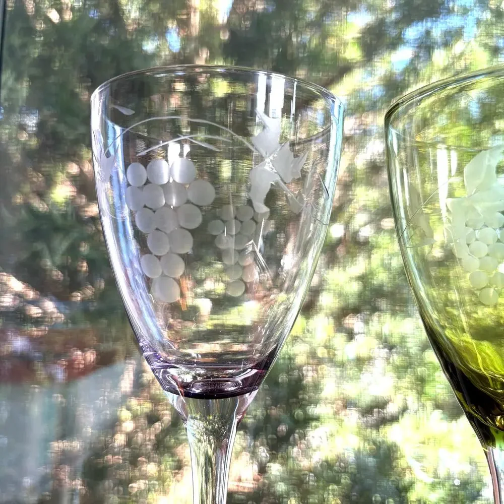 Hand Blown Wine Glasses Green & Purple Etched Grape Set of 3